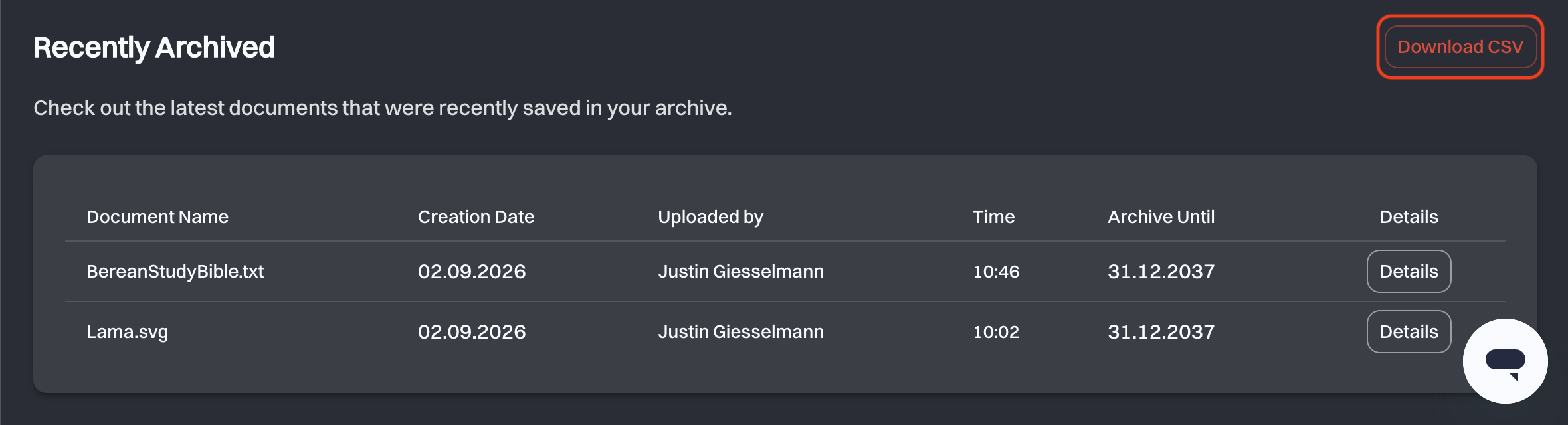 The Recently Archived table with the Download CSV action highlighted in the top-right corner