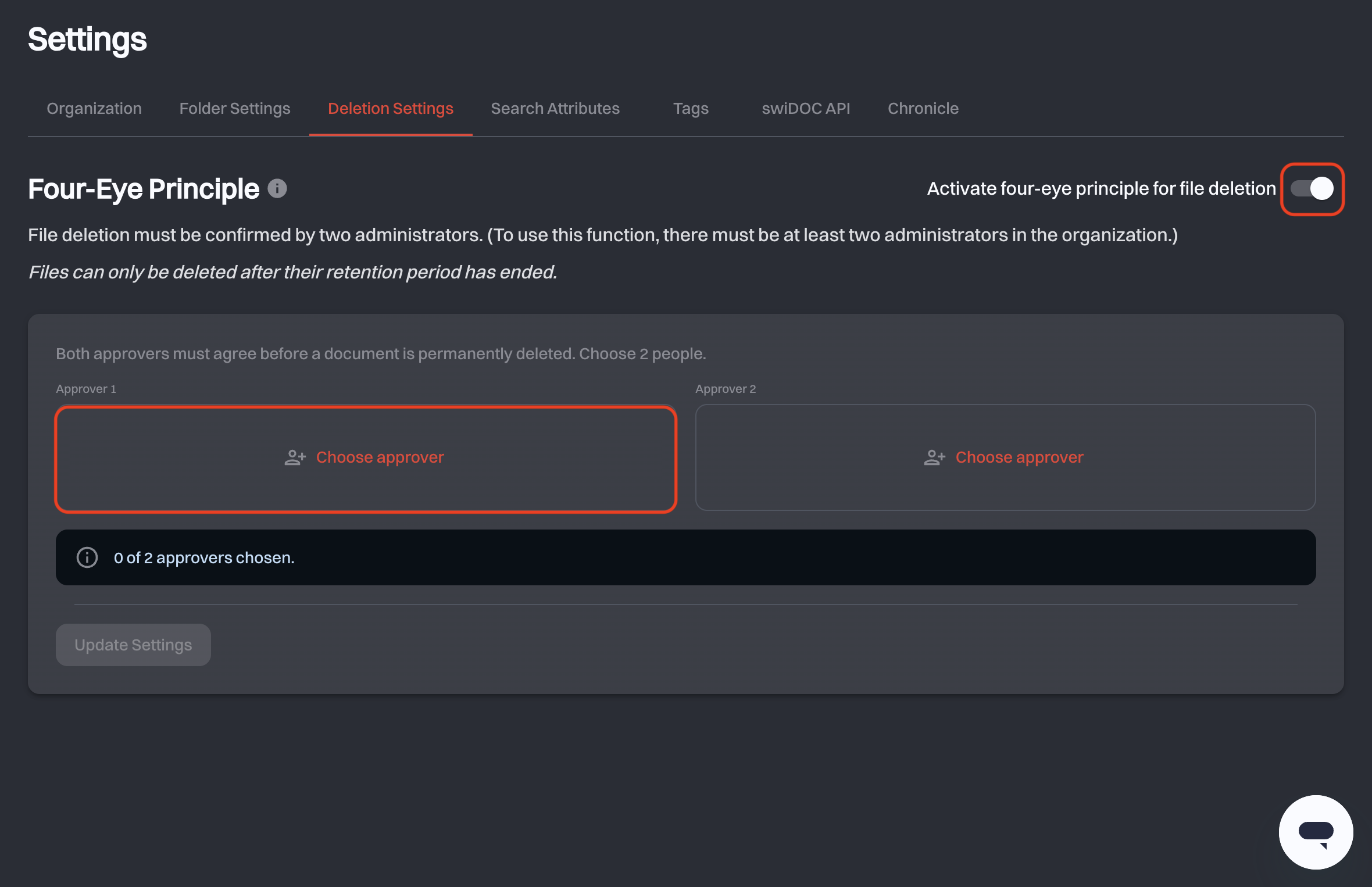 The Deletion Settings tab with the four-eye toggle on and two empty approver slots