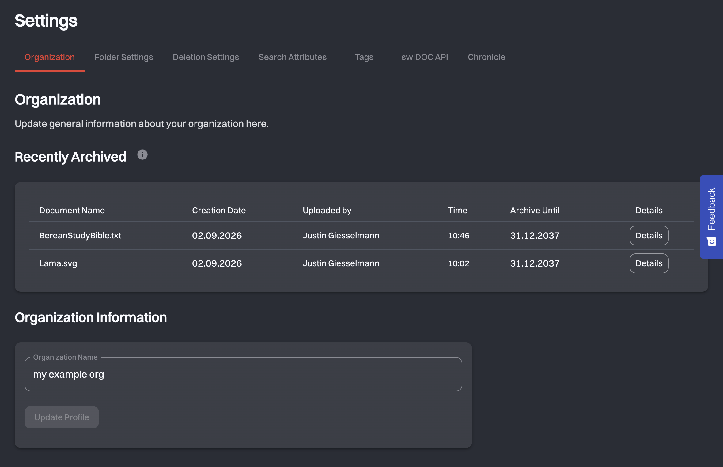 The Organization tab with the Recently Archived table and the Organization Information form