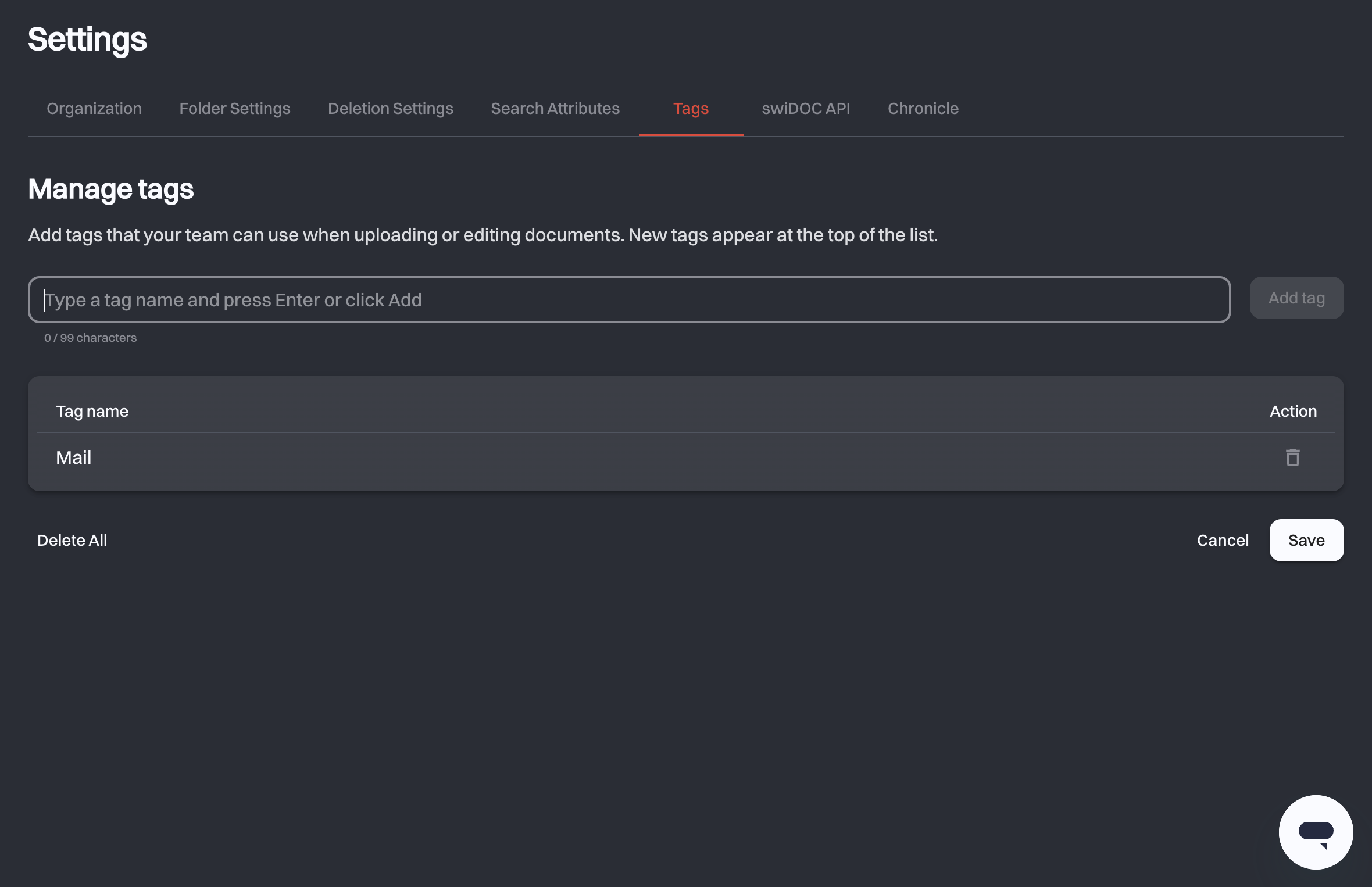 The Tags tab with the add-tag field, the organization's tag list and the Delete All, Cancel and Save actions