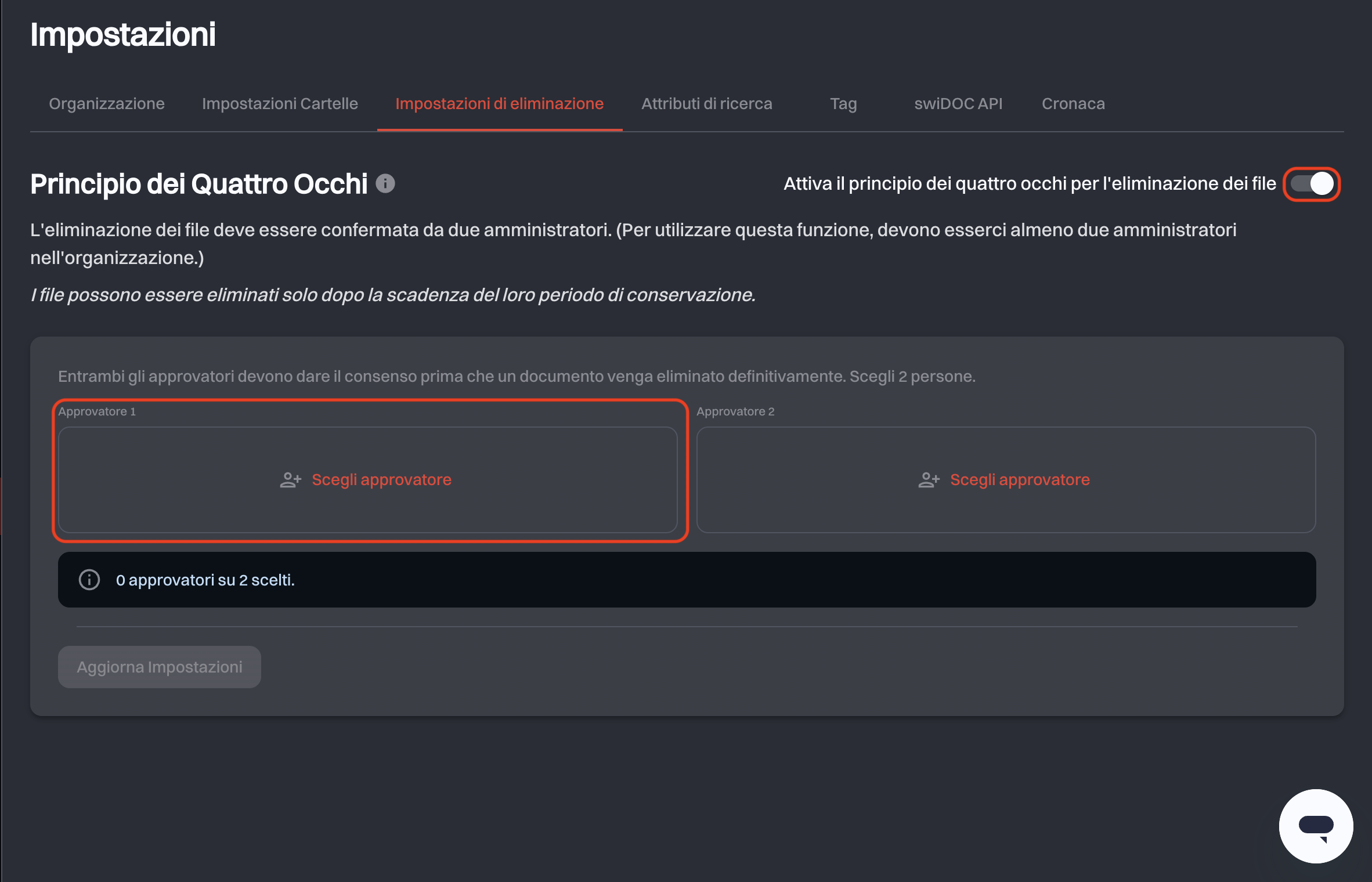 La scheda Impostazioni di eliminazione con l’interruttore dei quattro occhi attivo e due posizioni di approvatore vuote