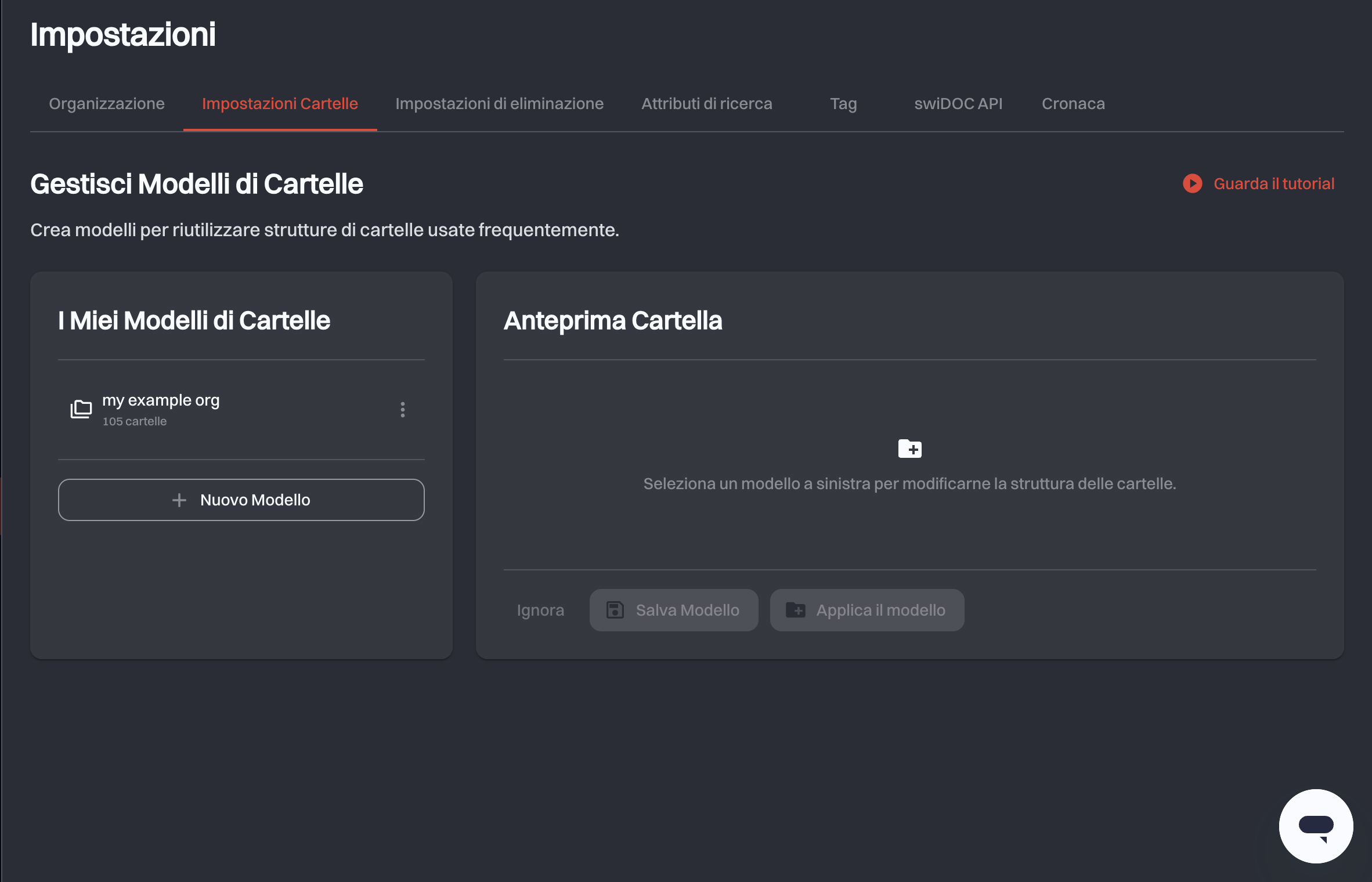 La scheda Impostazioni Cartelle con I Miei Modelli di Cartelle a sinistra e l’editor Anteprima Cartella a destra