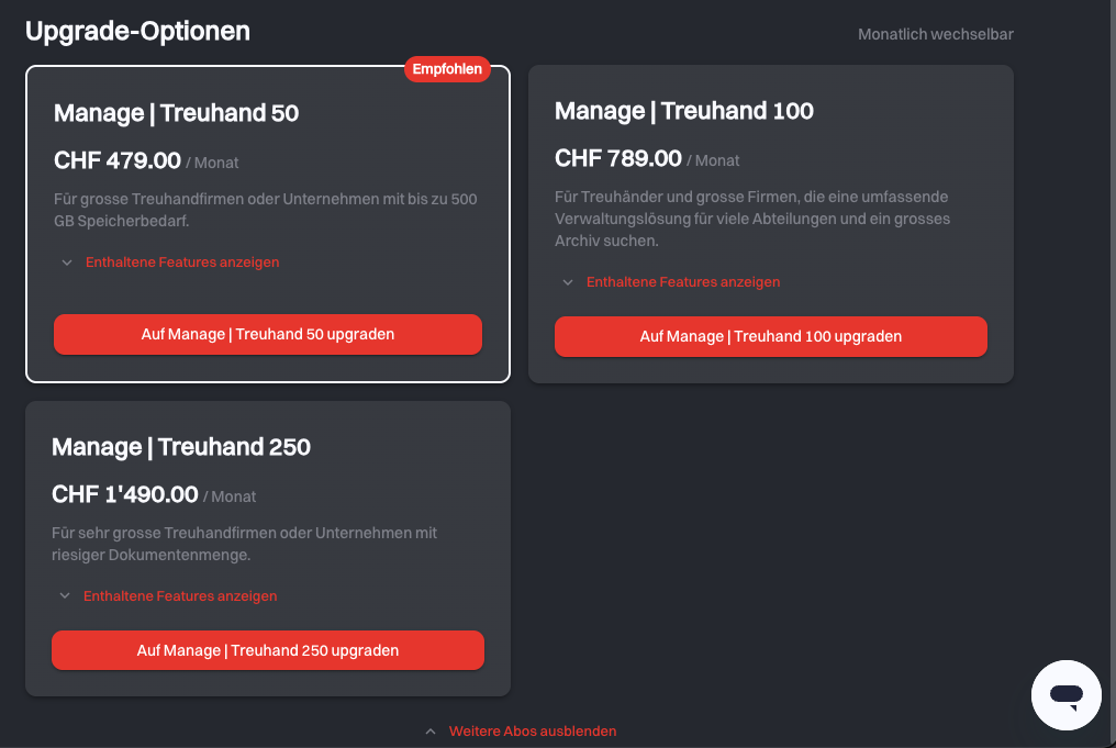 Der Abschnitt Upgrade-Optionen mit drei Paketkarten, wobei die erste ein Abzeichen Empfohlen trägt, je mit einem Link Enthaltene Features anzeigen und einer Upgrade-Schaltfläche