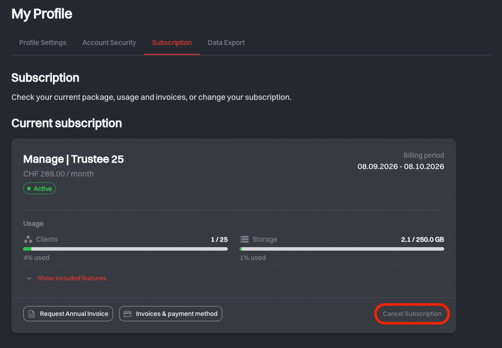 The Cancel Subscription button highlighted at the right of the Current subscription card footer