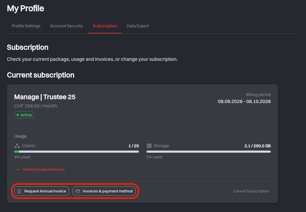 The footer of the Current subscription card with the Request Annual Invoice and Invoices & payment method buttons highlighted