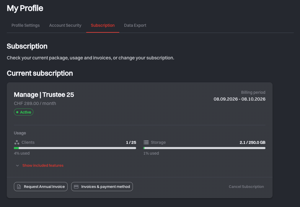 The Current subscription card showing package name, monthly price, Active badge, billing period and the Clients and Storage usage meters