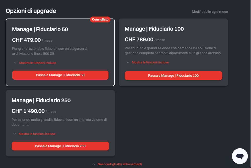 La sezione Opzioni di upgrade con tre schede di pacchetto, la prima con un badge Consigliato, ognuna con un link Mostra le funzioni incluse e un pulsante di upgrade