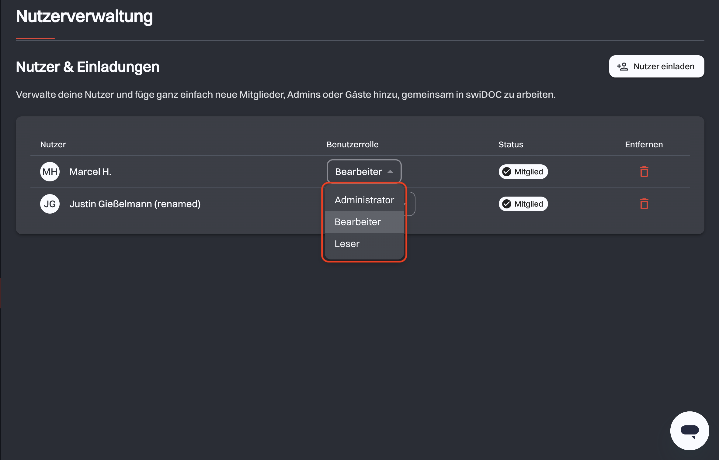 Die geöffnete Auswahlliste Benutzerrolle in einer Mitgliedszeile mit Administrator, Bearbeiter und Leser