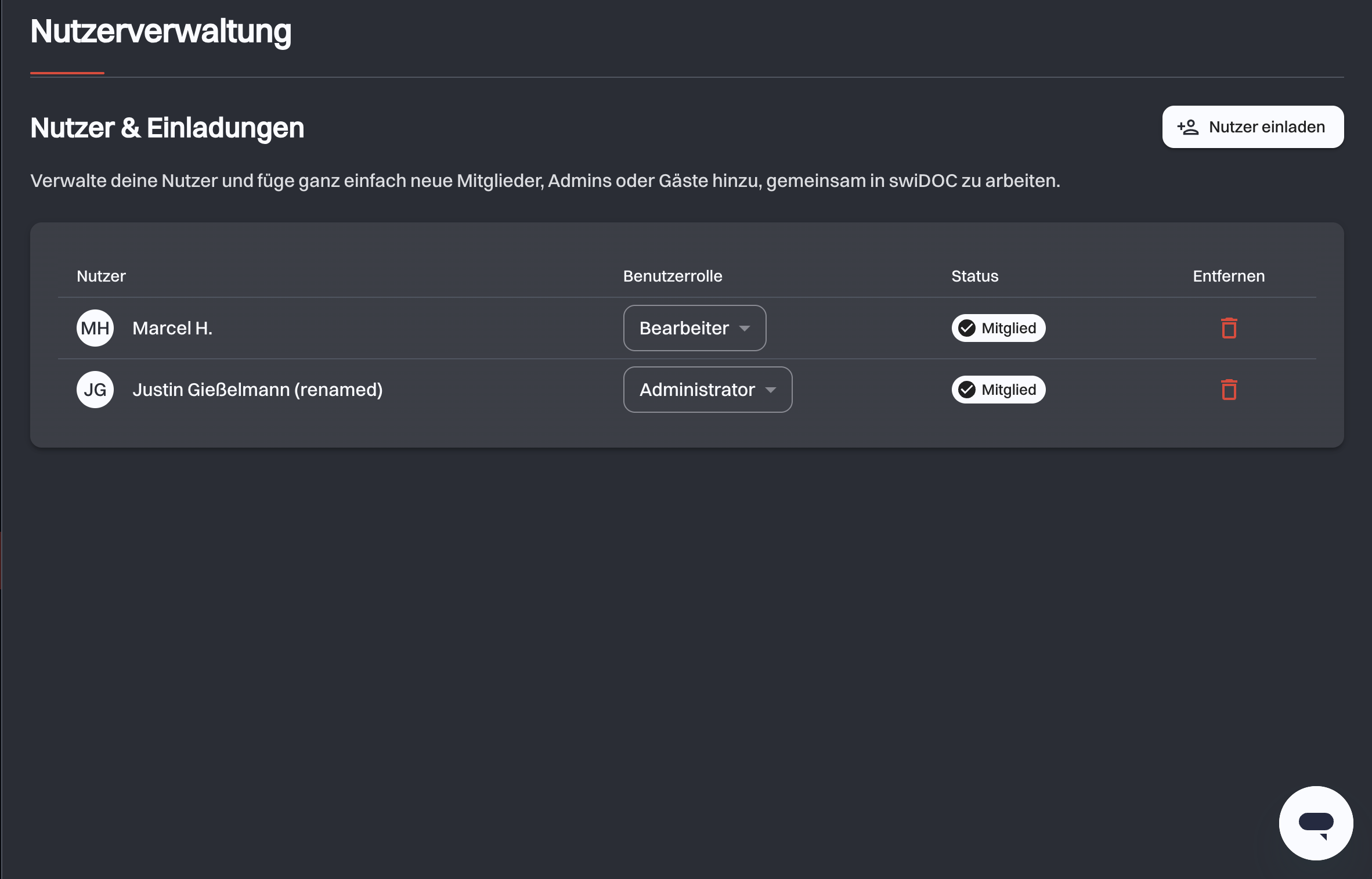 Die Liste Nutzer & Einladungen mit einem Mitglied pro Zeile und der Schaltfläche Nutzer einladen darüber