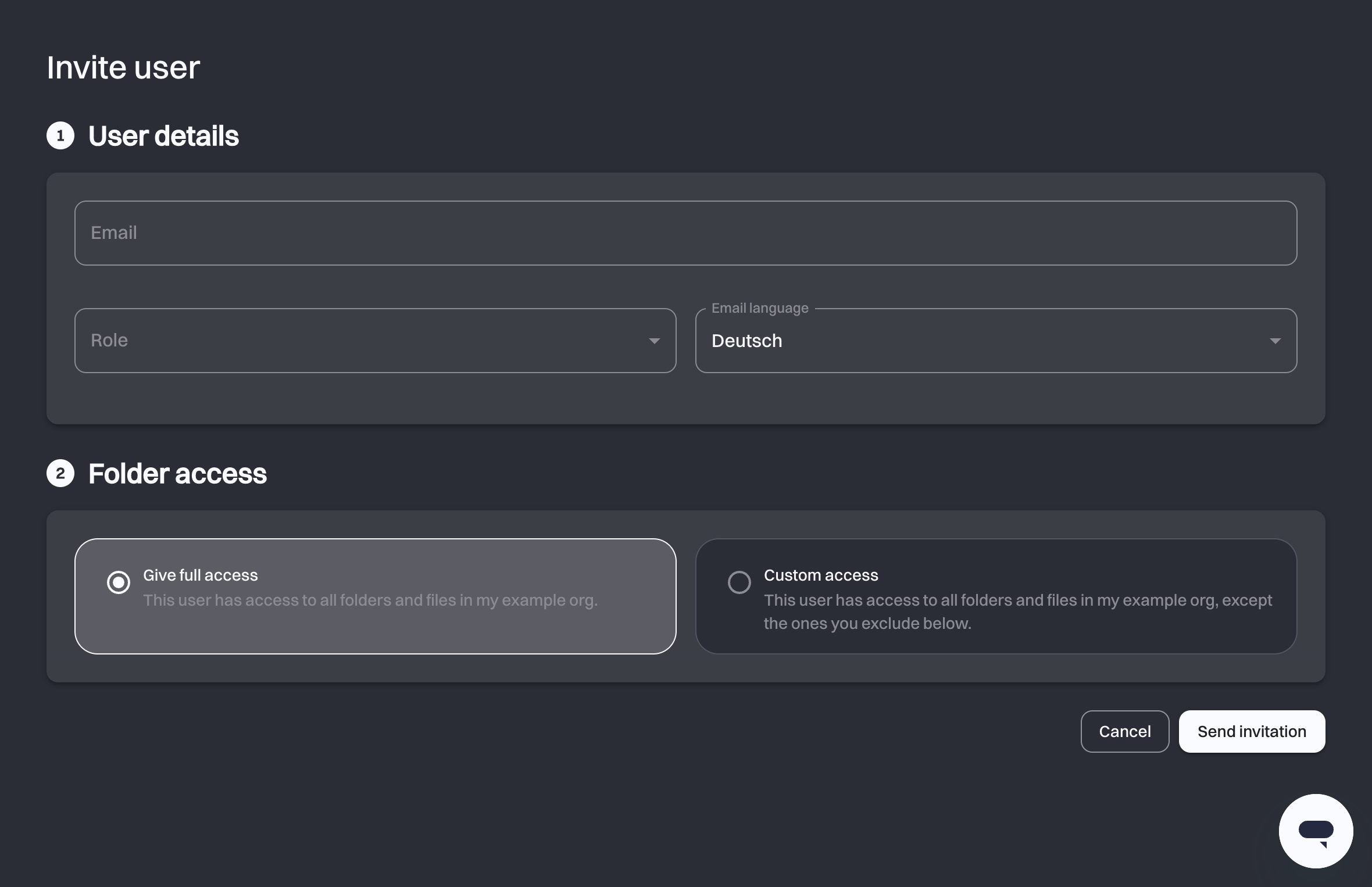 The Invite user page showing step 1 User details and step 2 Folder access with the Give full access option selected