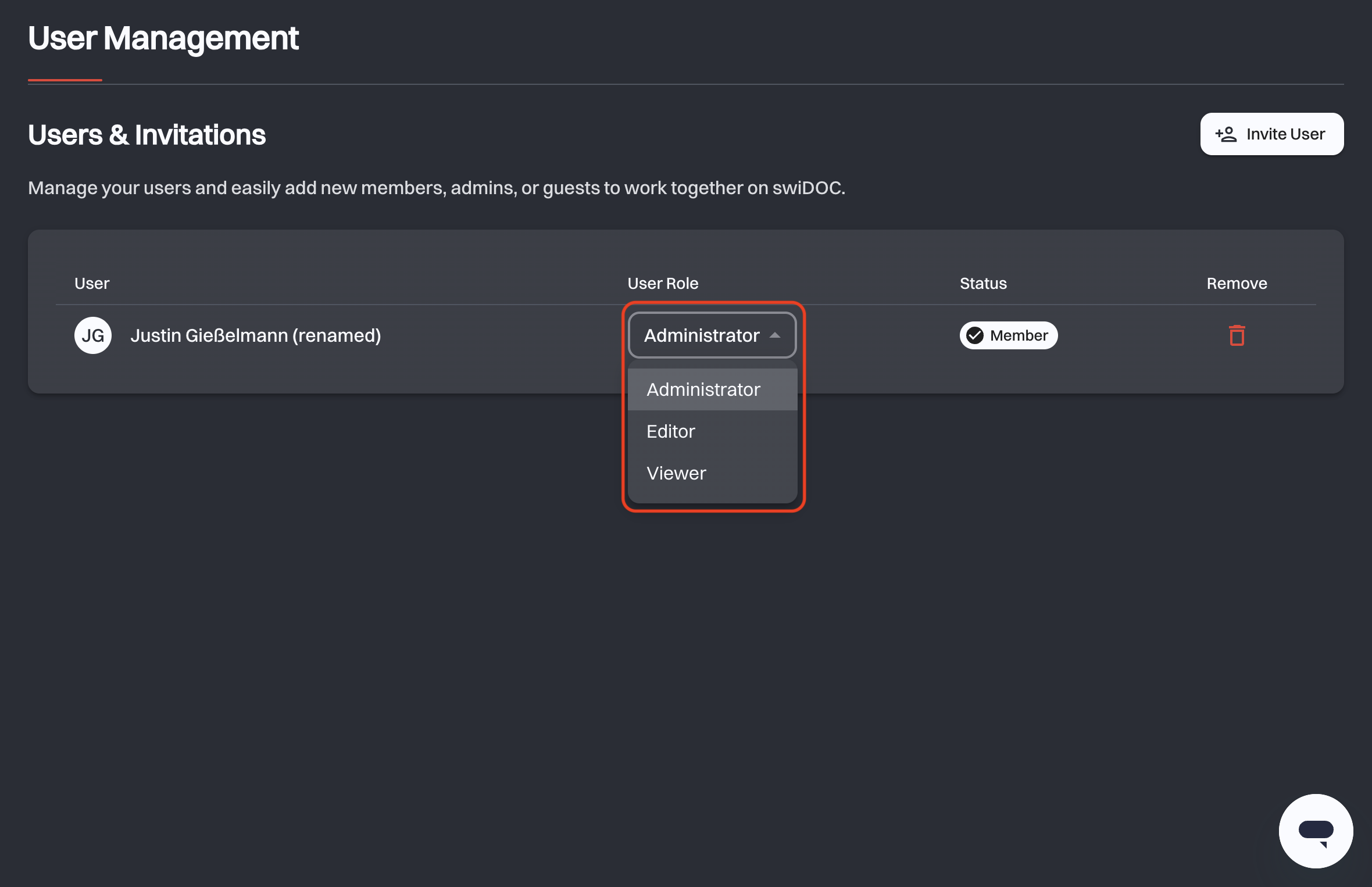The User Role dropdown open on a member row, offering Administrator, Editor and Viewer