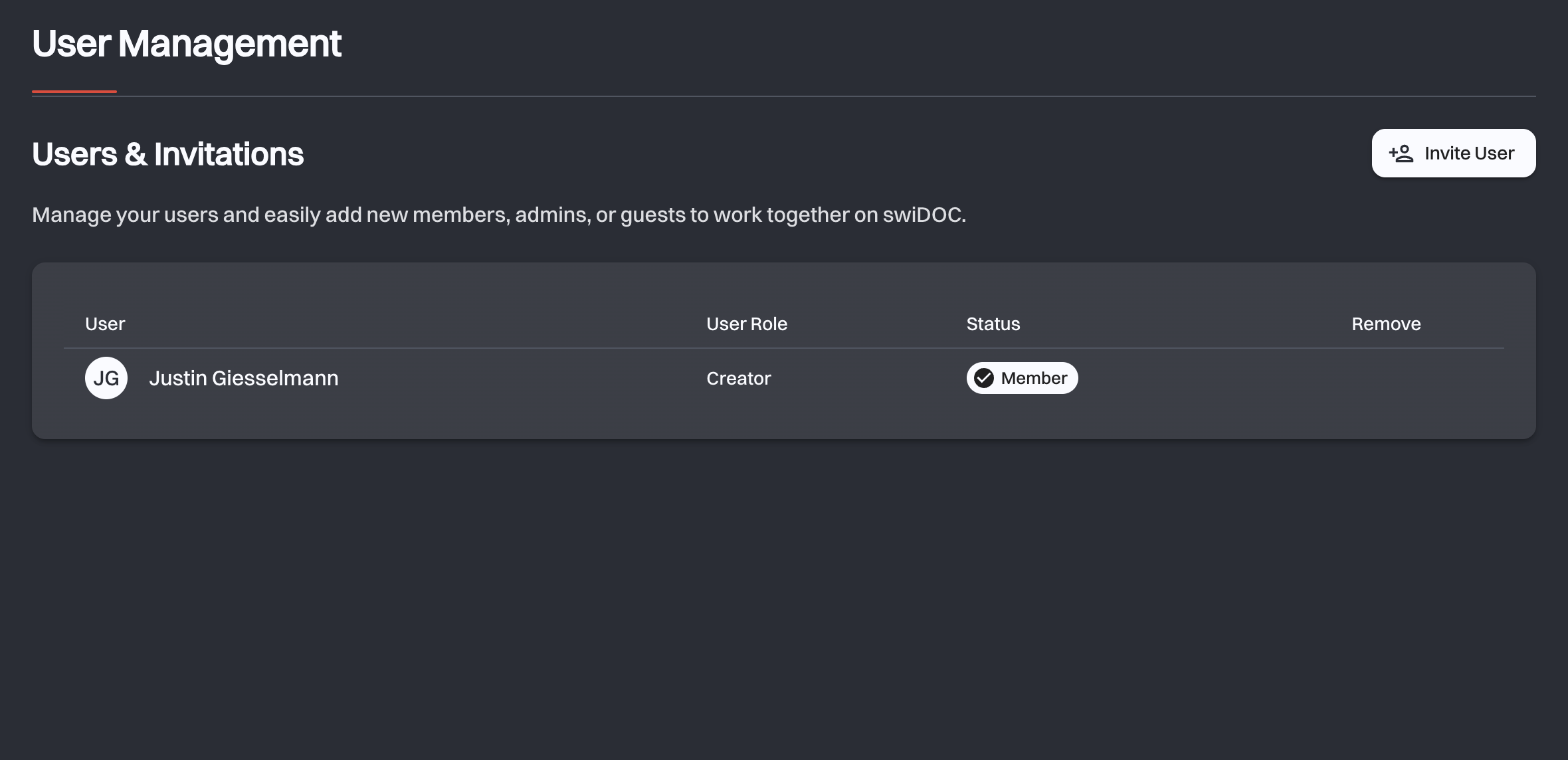 The Users & Invitations list with one member per row and the Invite User button above it