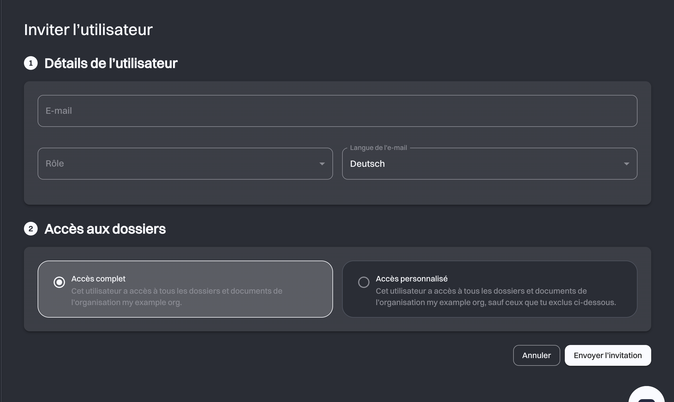 La page Inviter l’utilisateur montrant l’étape 1 Détails de l’utilisateur et l’étape 2 Accès aux dossiers avec l’option Accès complet sélectionnée