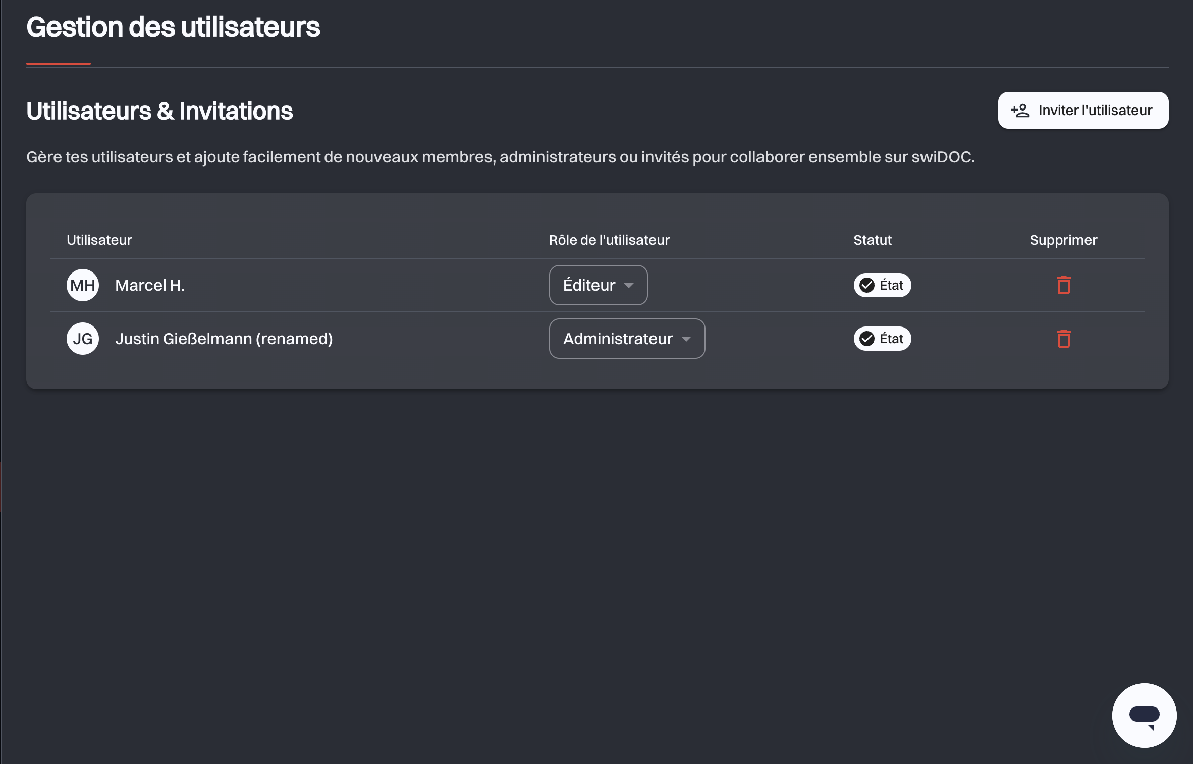La liste Utilisateurs & Invitations avec un membre par ligne et le bouton Inviter l’utilisateur au-dessus