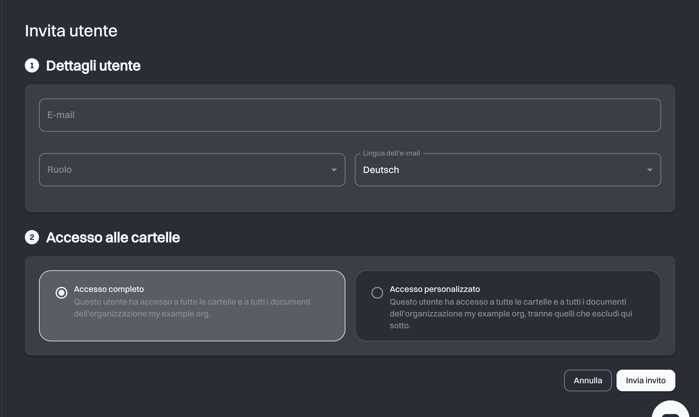 La pagina Invita utente con il passaggio 1 Dettagli utente e il passaggio 2 Accesso alle cartelle, con l’opzione Accesso completo selezionata