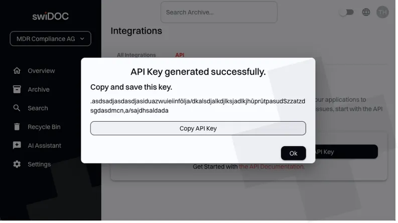 Screenshot: swiDOC API Key