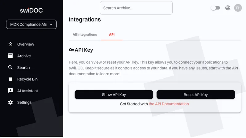 Screenshot: swiDOC API Key Übersicht