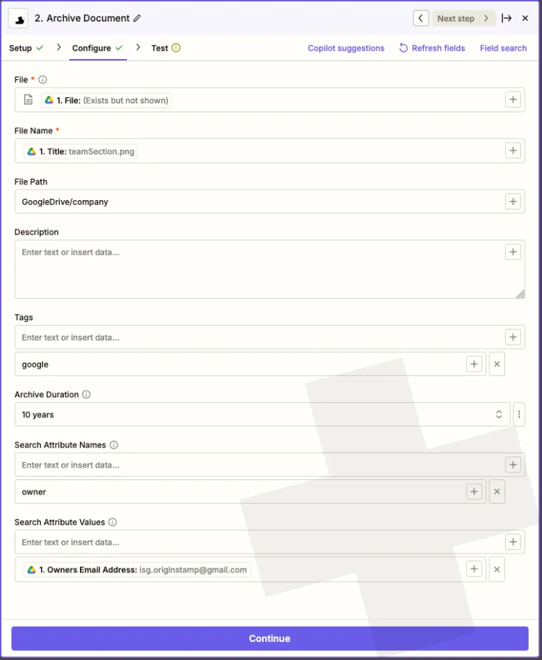 Screenshot: Zapier Archive Document Konfiguration