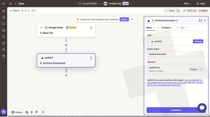 Screenshot: Beispiel Zap von Google Drive nach swiDOC